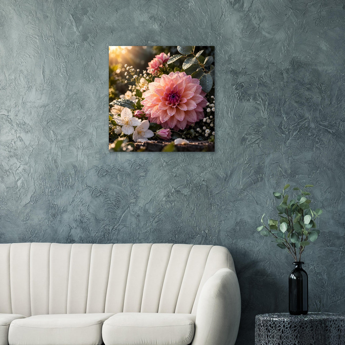 Blumenposter mit rosa Blütenkopf und weißen Blüten, botanisches Detailmotiv
