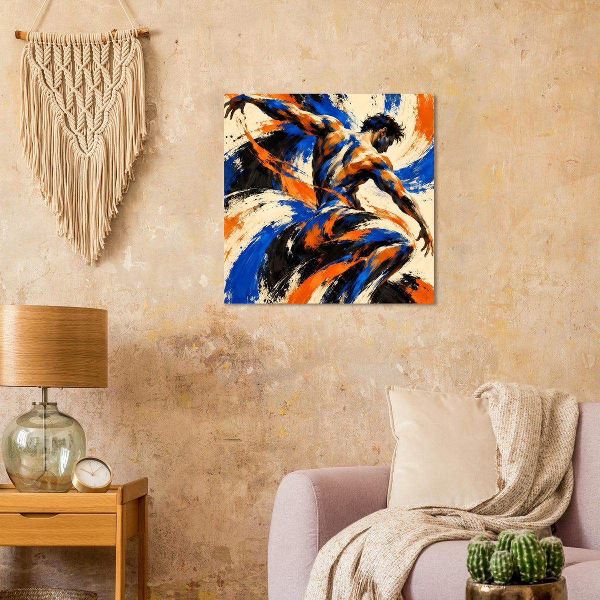 Quadratisches abstraktes Kunstposter mit blau-orangen Pinselstrichen und schwarzem Kontrast