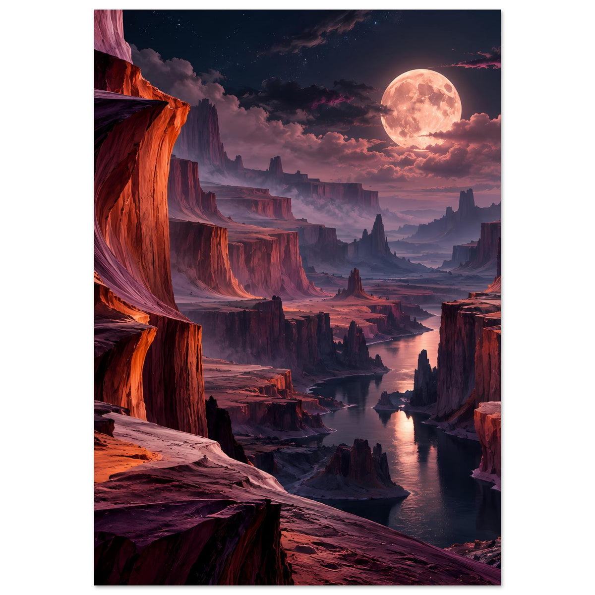 Vertikales Landschaftsposter: Mondschein über Canyon mit Fluss und roten Felsklippen.