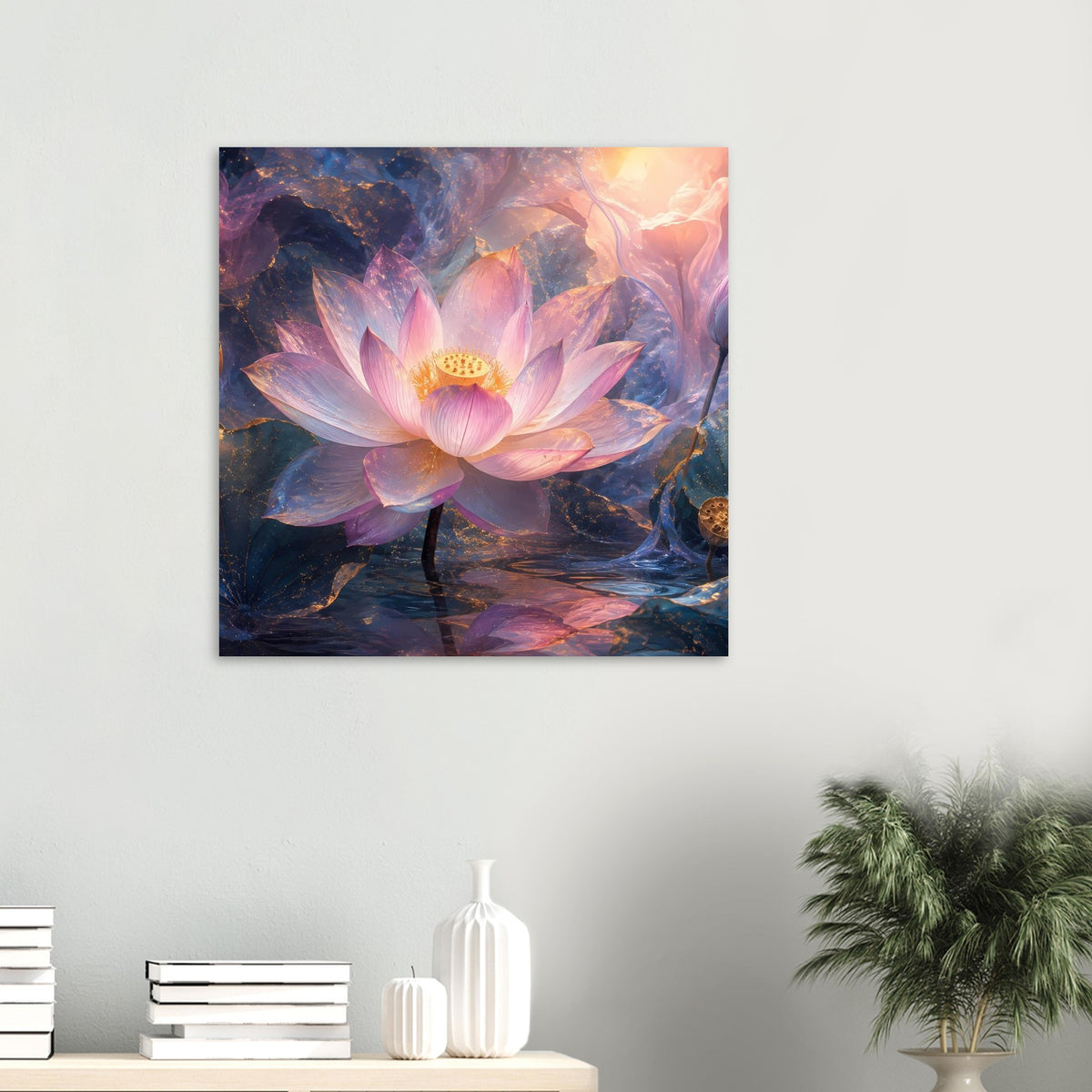 Quadratisches Lotusblüten-Poster mit rosa Blüte und goldenem Zentrum in dunklem Blau