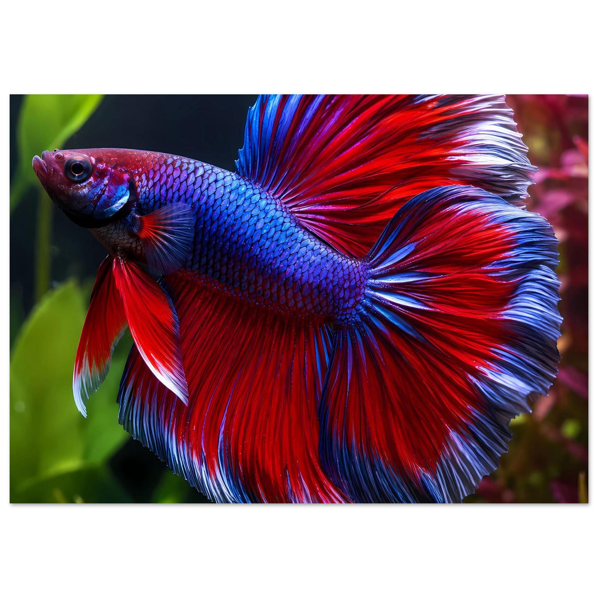 Querformat-Poster mit Betta-Kampffisch, blaurot schillernder Körper und roter Schwanz