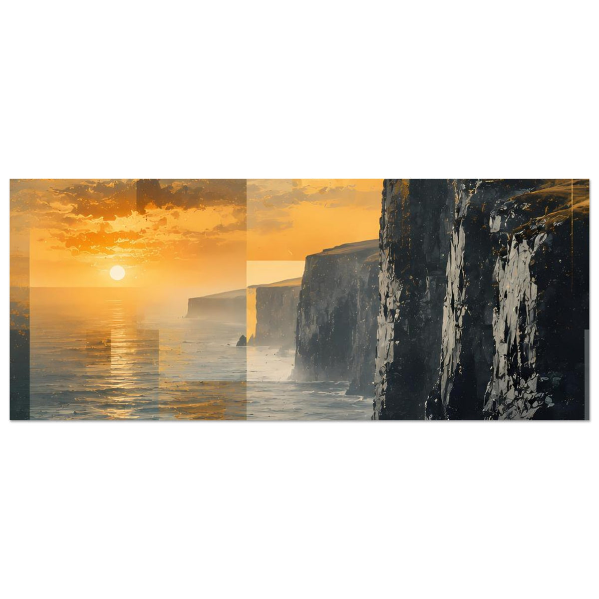 Küstenposter im Querformat, Sonnenuntergang über dem Meer mit Felsklippen