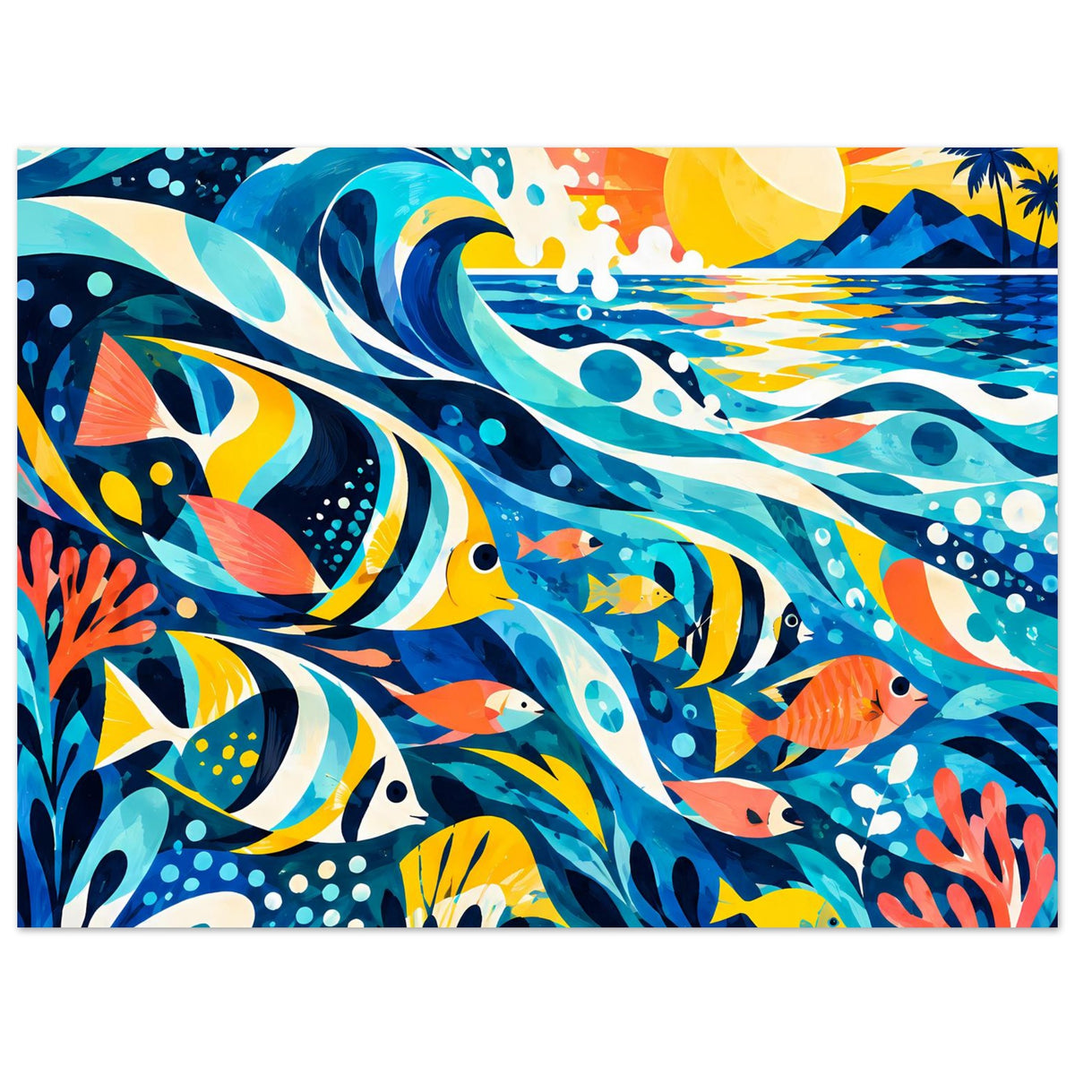 Tropisches Ozean-Poster als Nahansicht: Wellen, Fische und bunte Korallen