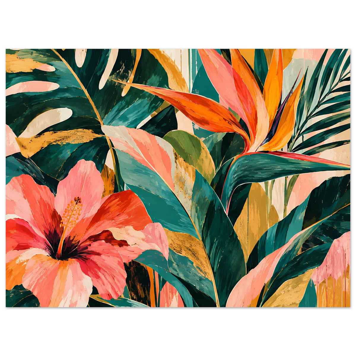 Florales Kunstposter mit tropischen Blumenmotiven, großflächige Blätter in kräftigen Tönen