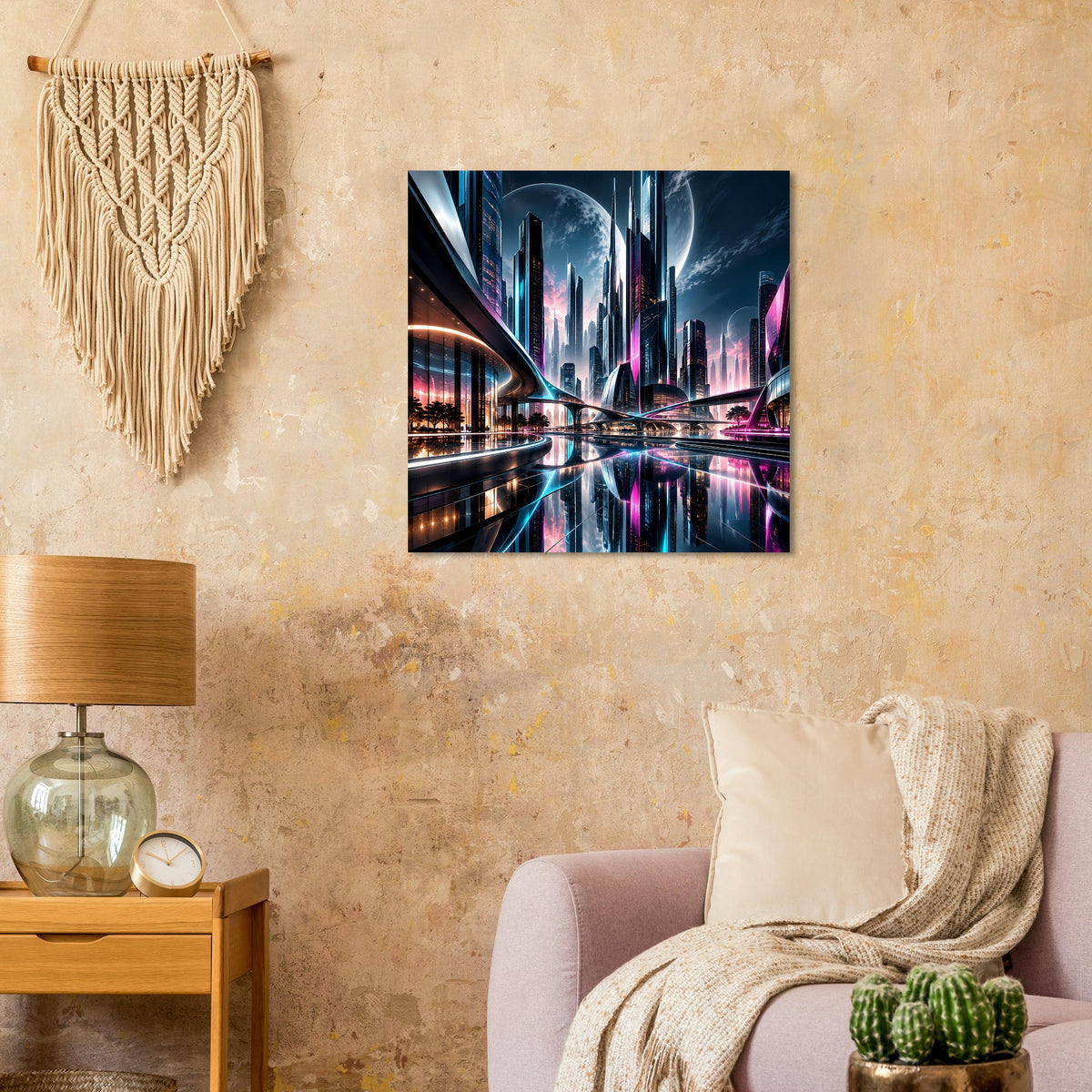Neon-Stadtposter mit futuristischer Skyline, blauem Mond und violetten Lichtstreifen