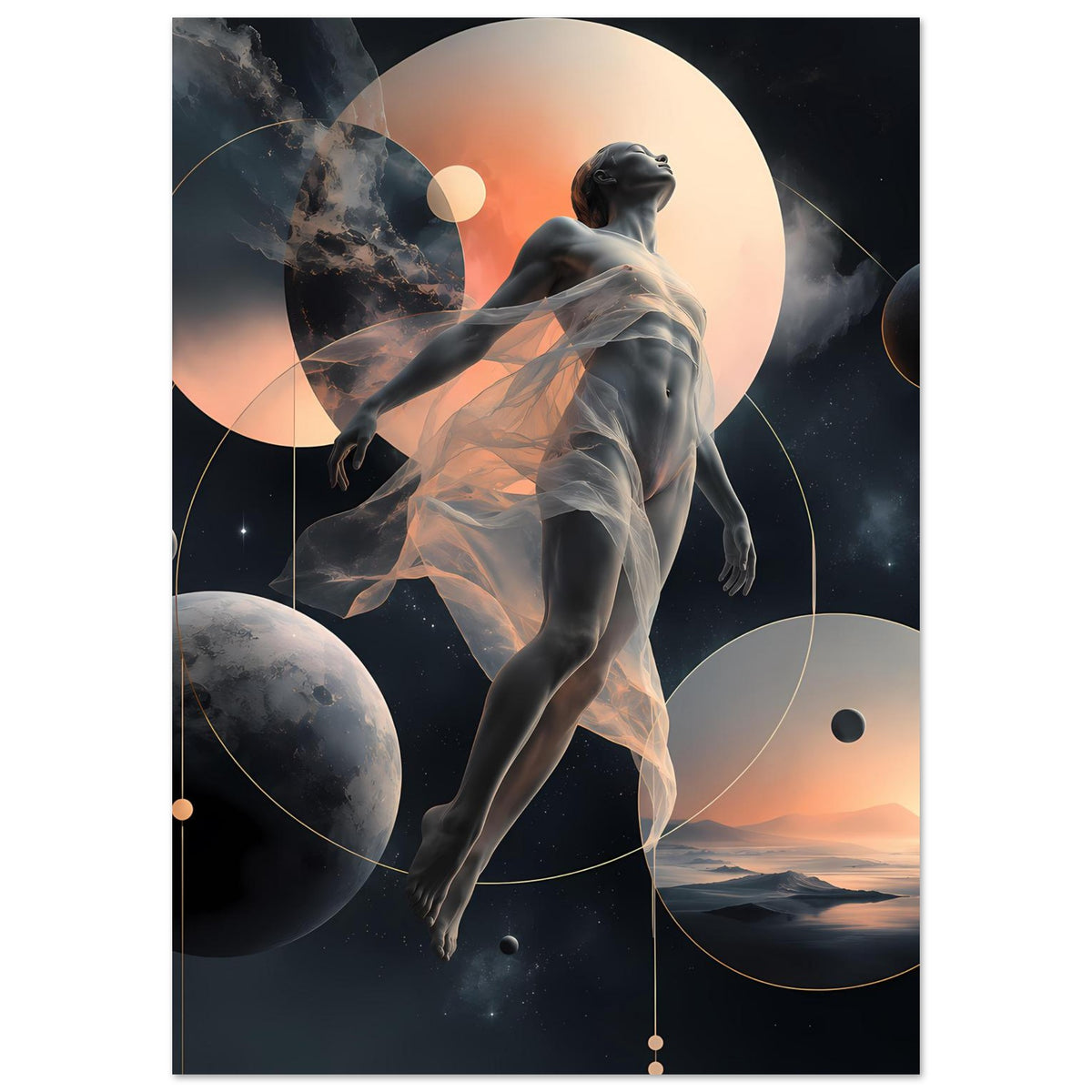 Vertikales Poster: Astralfigur vor großen Planetenflächen, Kreisbahnen und Sternen
