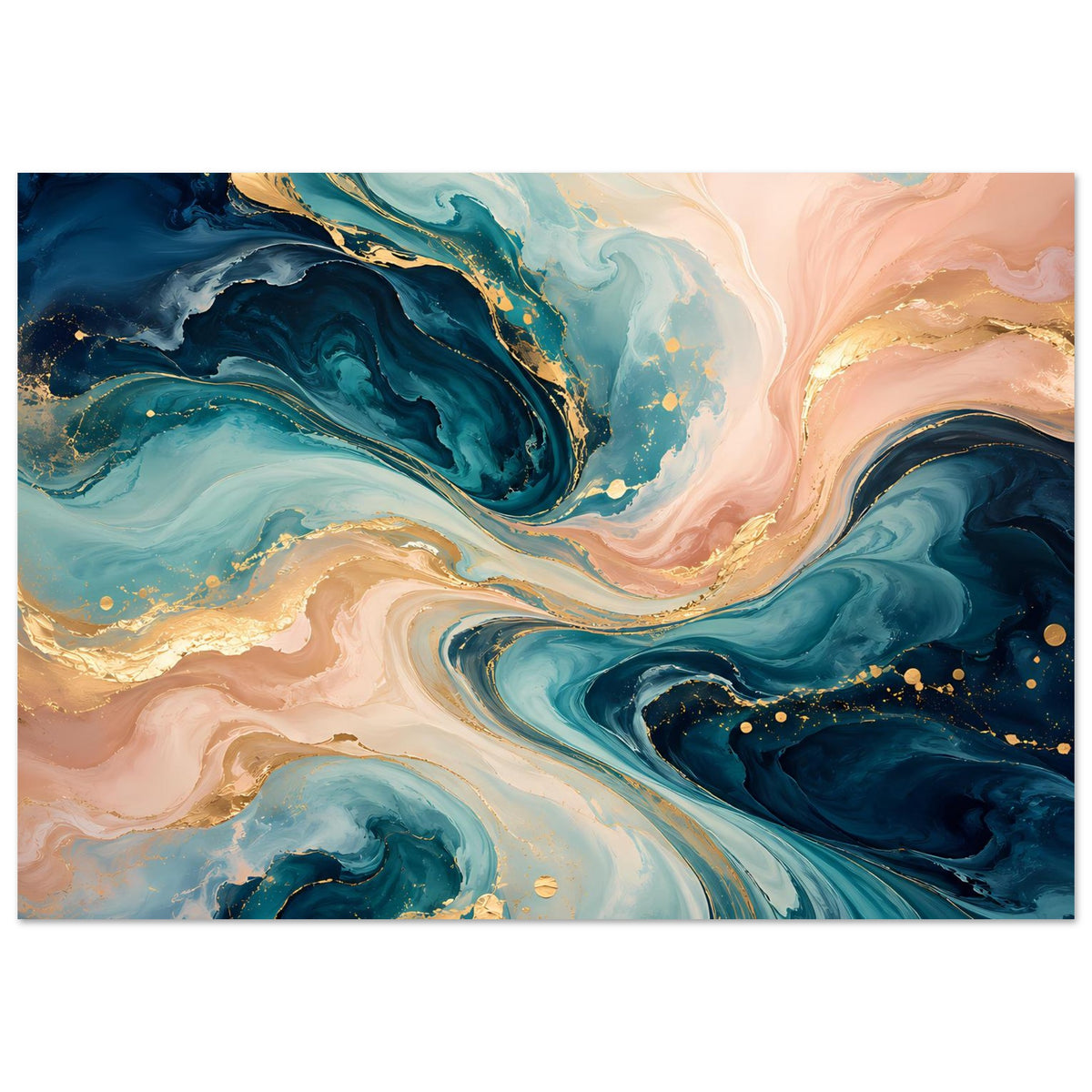 Kunstposter mit abstraktem Wellenverlauf in Blau, Creme, Rosa und goldenen Spritzern
