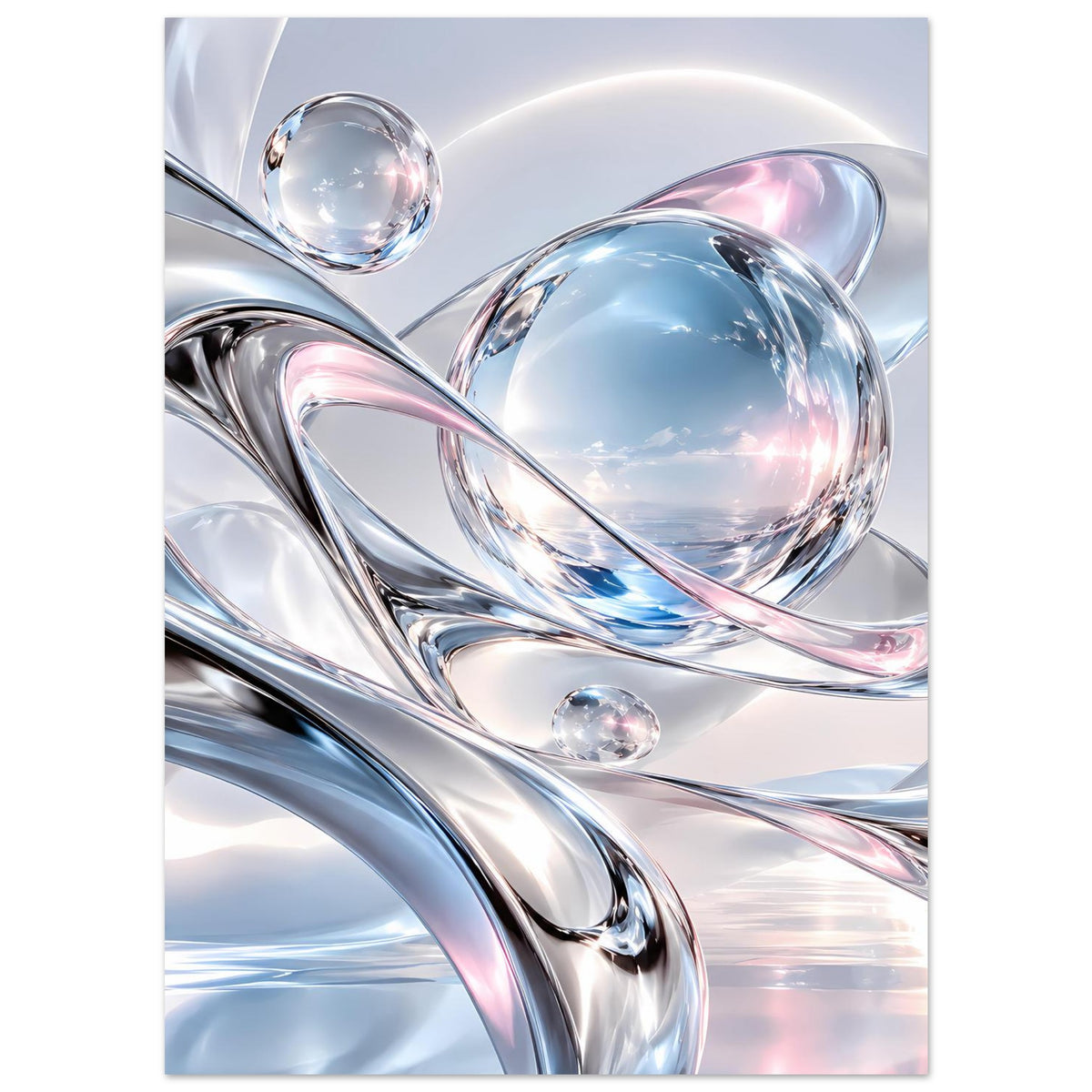Kunstposter mit silbernen Metallwellen, großen Kugeln und dezenten rosa-blauen Akzenten