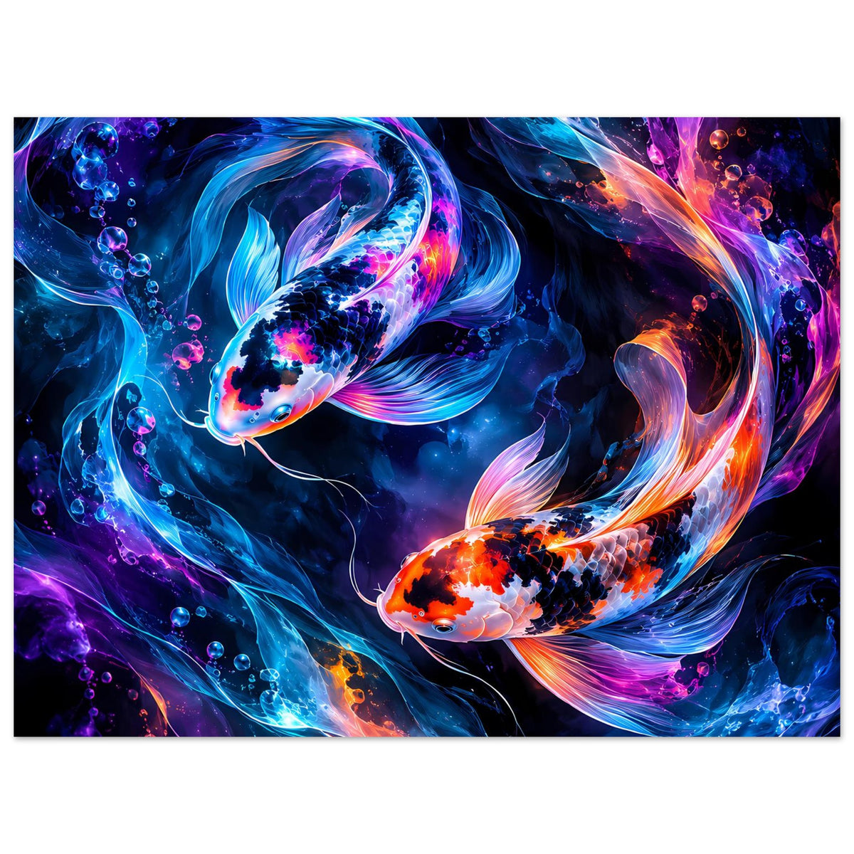 Poster mit leuchtenden Koi-Fischen, kräftige Blau-Orange-Komposition mit Spritzern und Wasserlinien