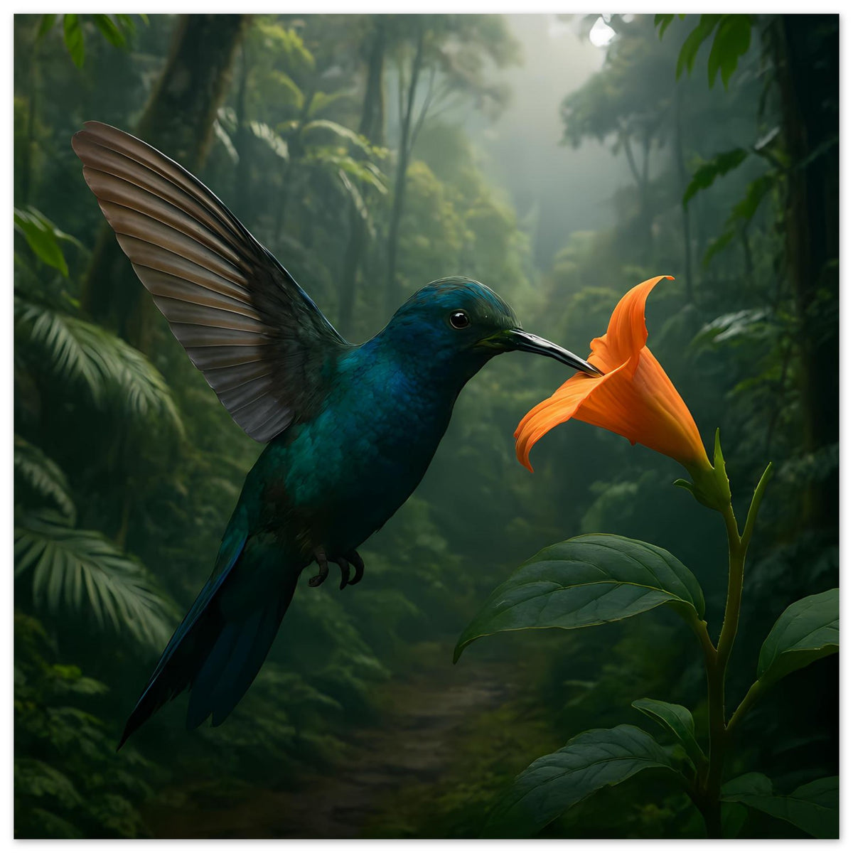 Kolibri-Dschungelposter mit blauem Kolibri, Flügeln und orangefarbener Blüte zwischen Blättern