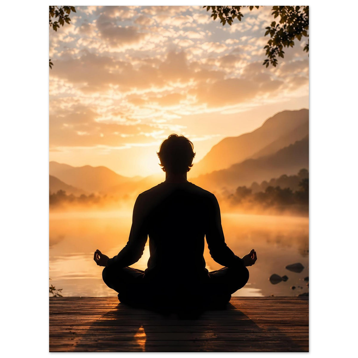 Zen-Meditationsposter Hochformat: Meditierende Silhouette vor Sonnenaufgang und Nebel
