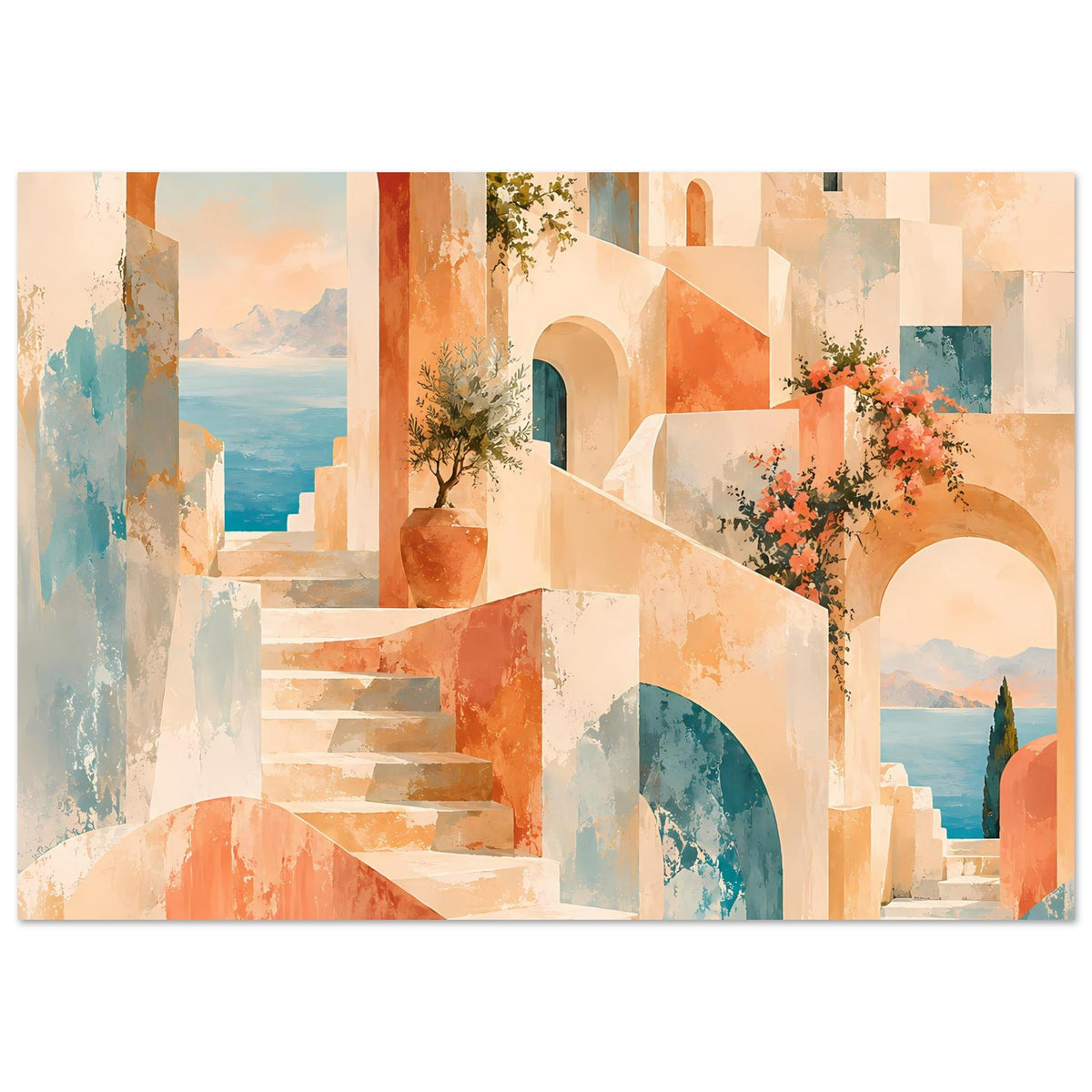 Wandposter mit mediterranen Bögen, Treppen und Pastell-Häusern, orange und türkis mit Blumenstrauß