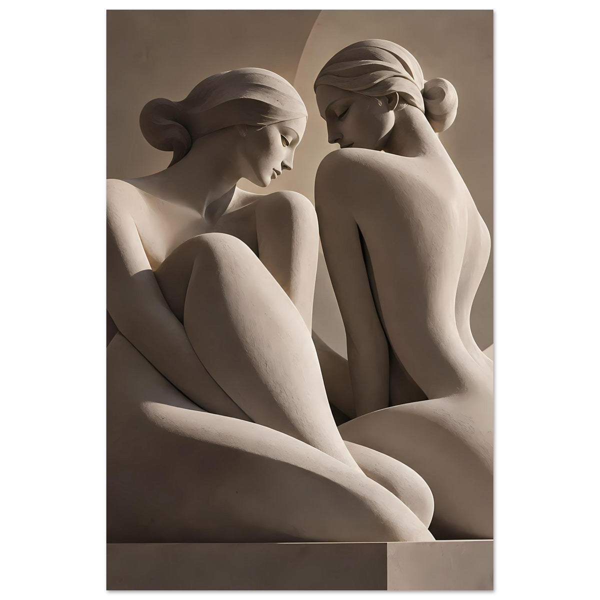 Kunstdruck mit zwei antiken Aktfiguren, sitzend, seitliches Profil, monochrom