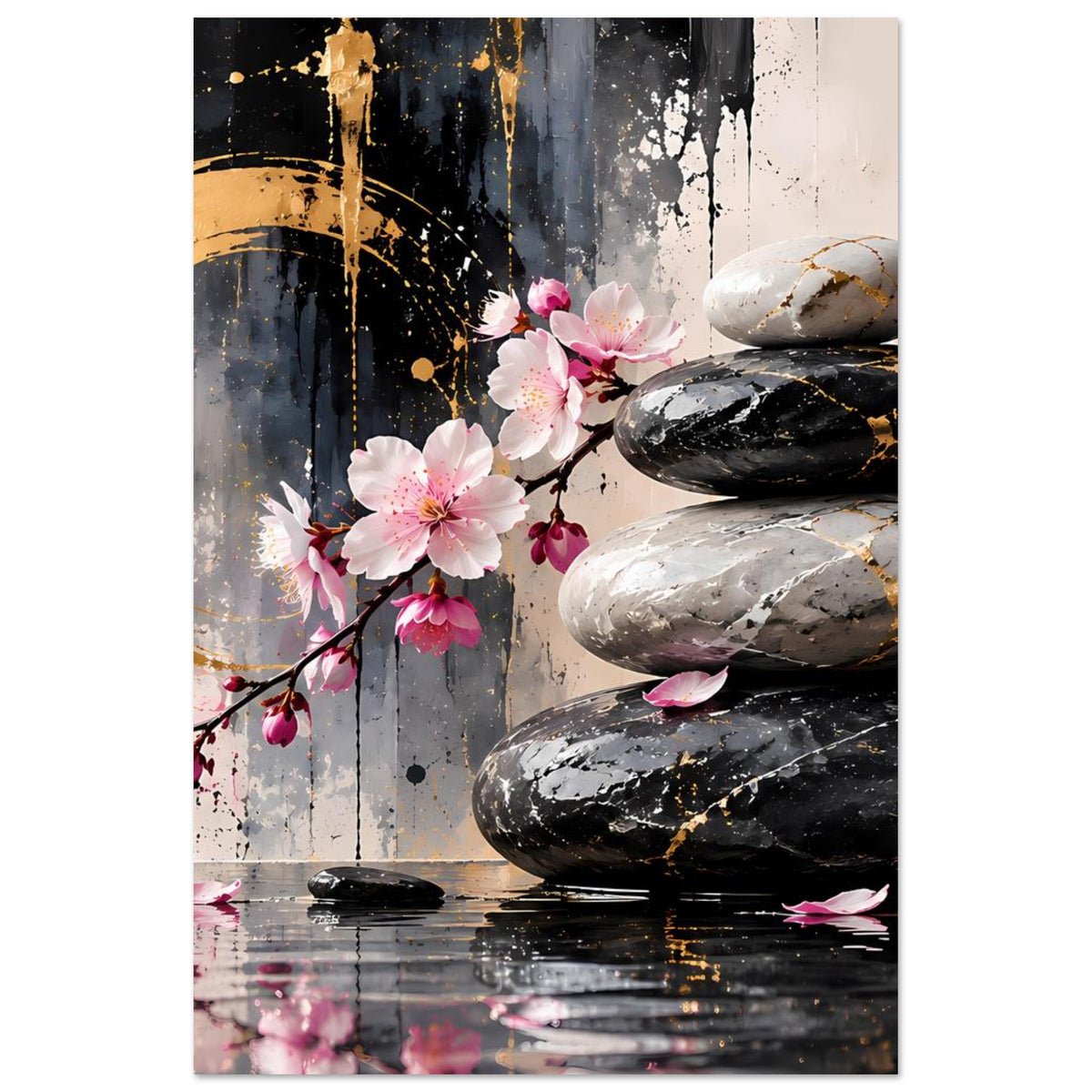 Kunstposter Ausschnitt im Hochformat mit Kirschblüten, Spa-Steinen und goldenen Sprühakzenten