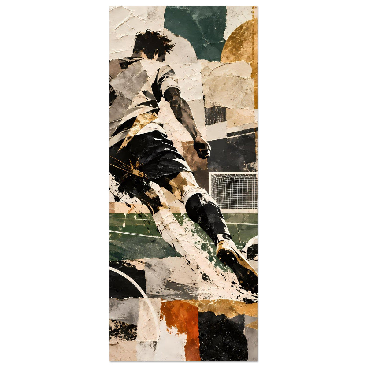 Fußball-Actionposter im Hochformat: Spieler beim Torschuss, abstrakte Collage in Grün, Schwarz, Beige.