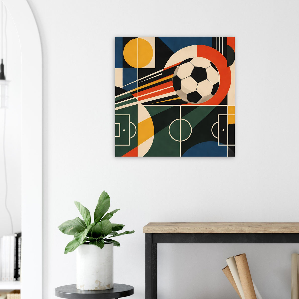 Sportkunst-Poster mit Fußball im Mittelpunkt, geometrische Rechtecke und kontrastreiche Farben