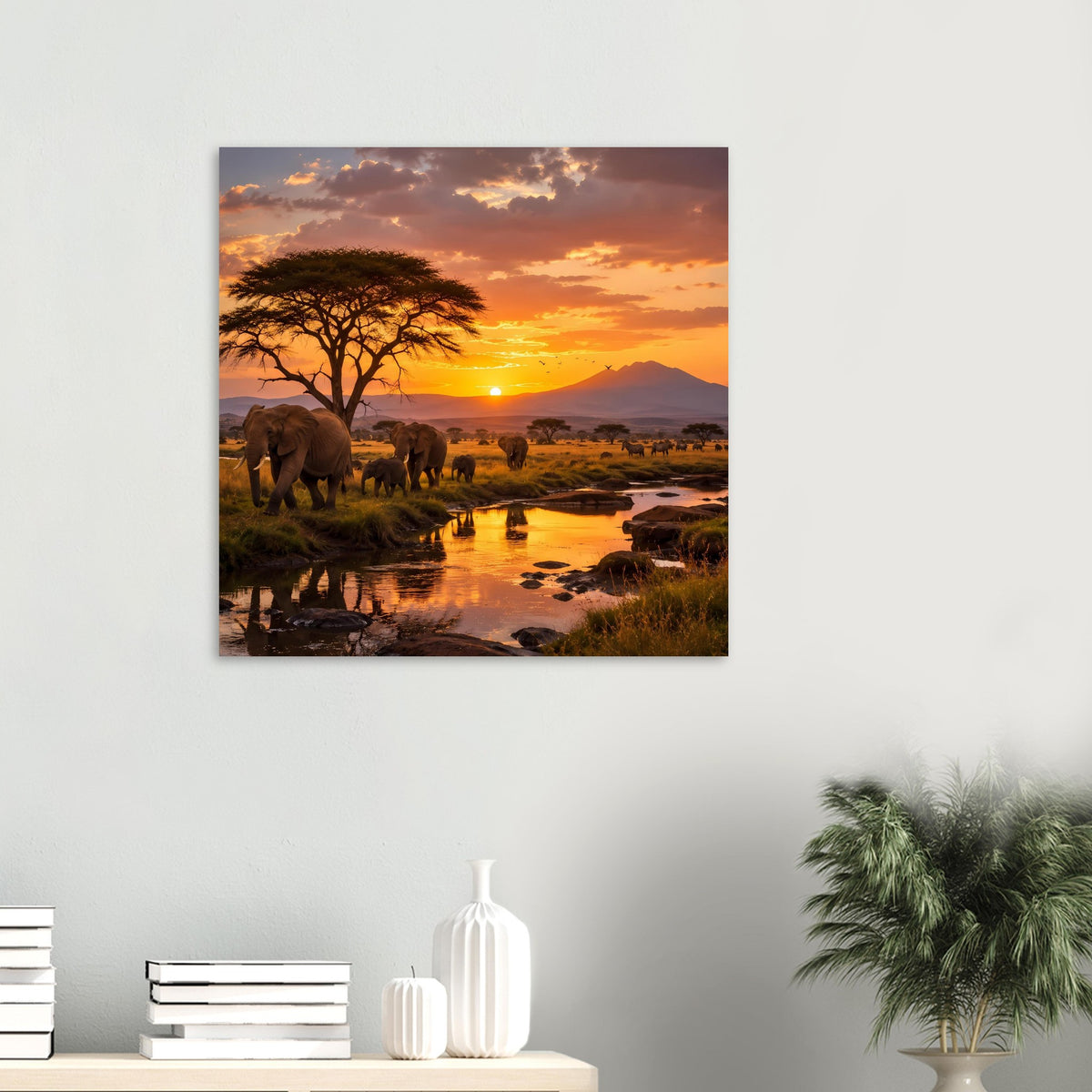 Quadratisches Poster mit Elefantenlandschaft, Flusslauf und Sonnenuntergang