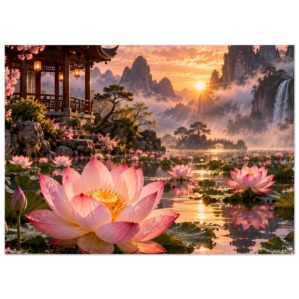 Wandposter im Querformat mit rosa Lotusblüten im Vordergrund und Flusslandschaft bei Abendsonne