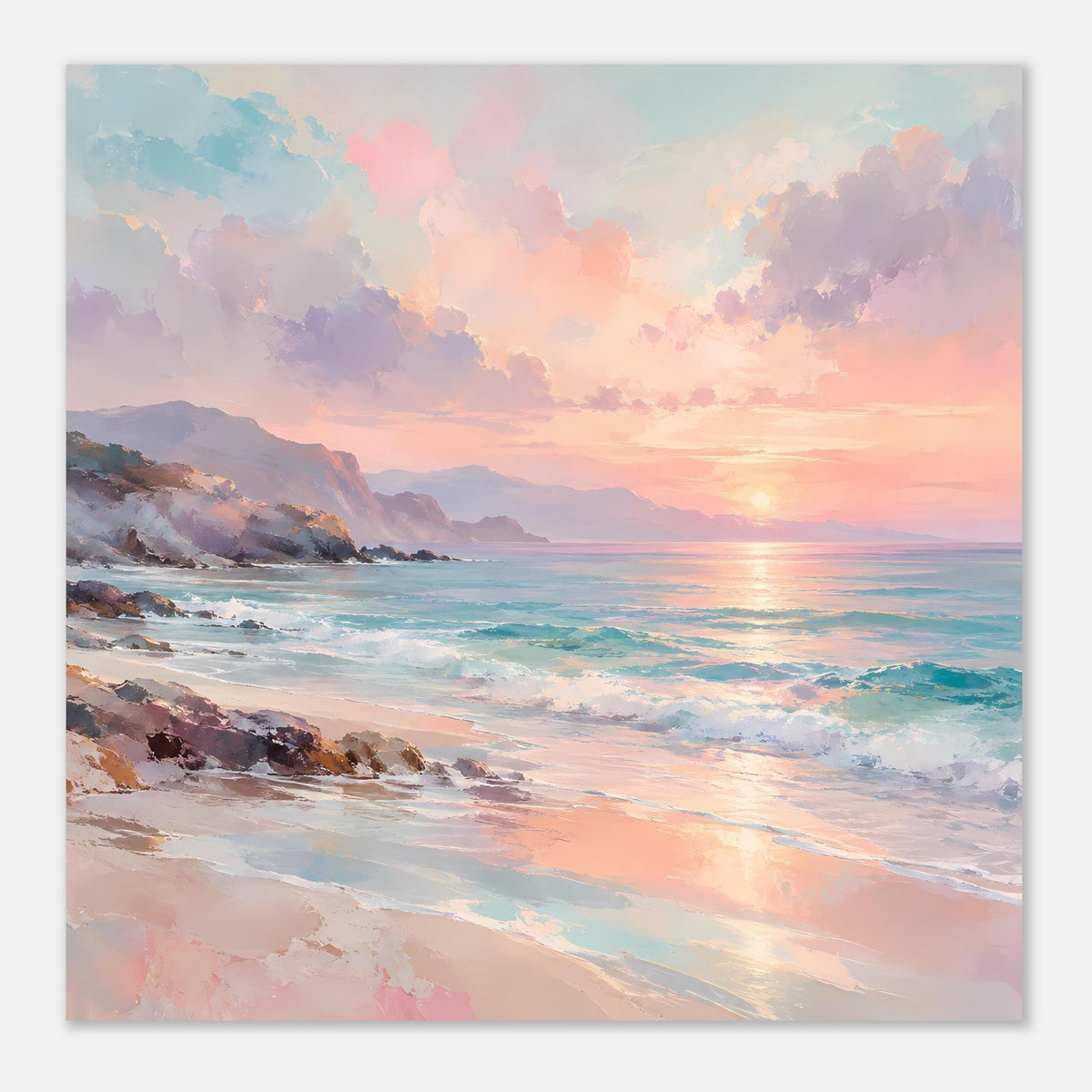 Poster im Querformat: Strand und Sonnenuntergang, weiche Wolken und Meerreflexe