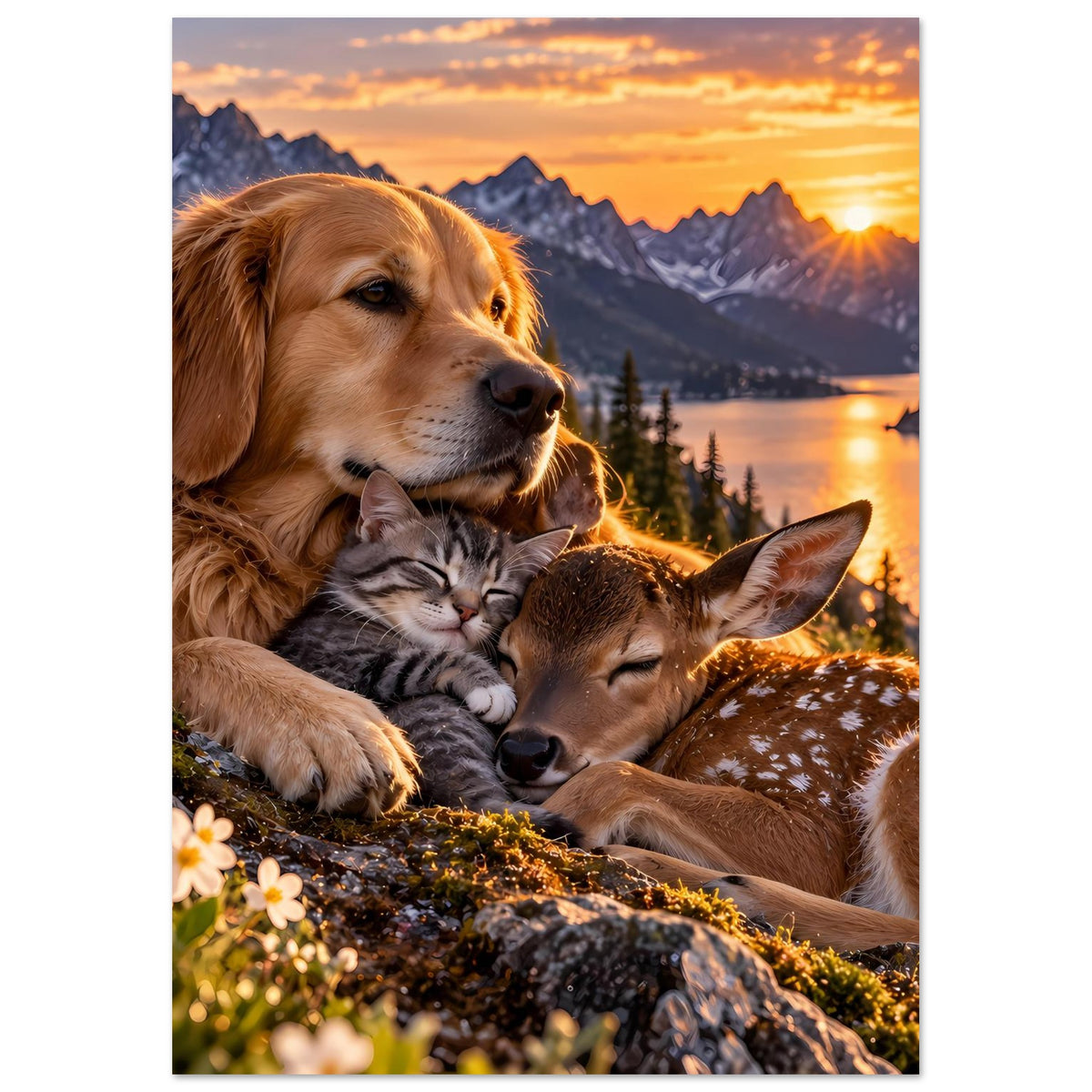 Poster mit goldenem Hund, Katze und Reh bei Sonnenuntergang, Berge und See im Hintergrund