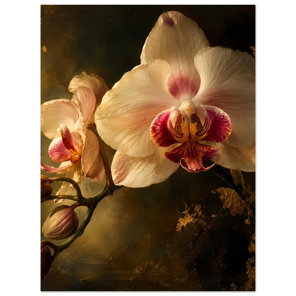 Orchideen-Poster mit cremeweißer Orchidee, rosaroten Falten und goldenen Flecken