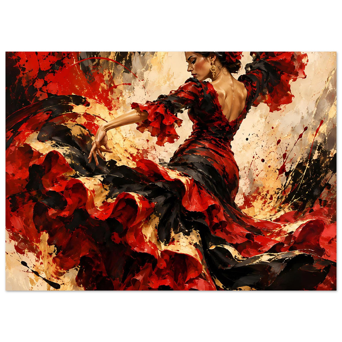 Poster: Flamenco-Tänzerin in kräftigem Rot und Schwarz, dramatischer Rock