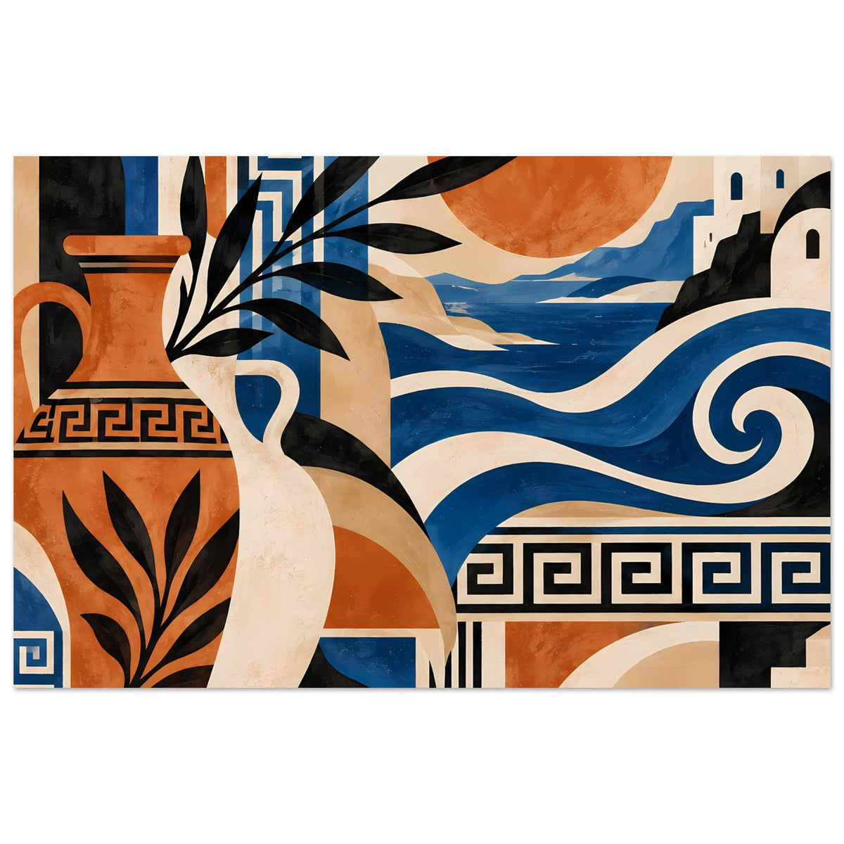 Mediterraner Kunstposter im Querformat mit großflächiger Sonne, blauen Wellen und Vasenmotiv