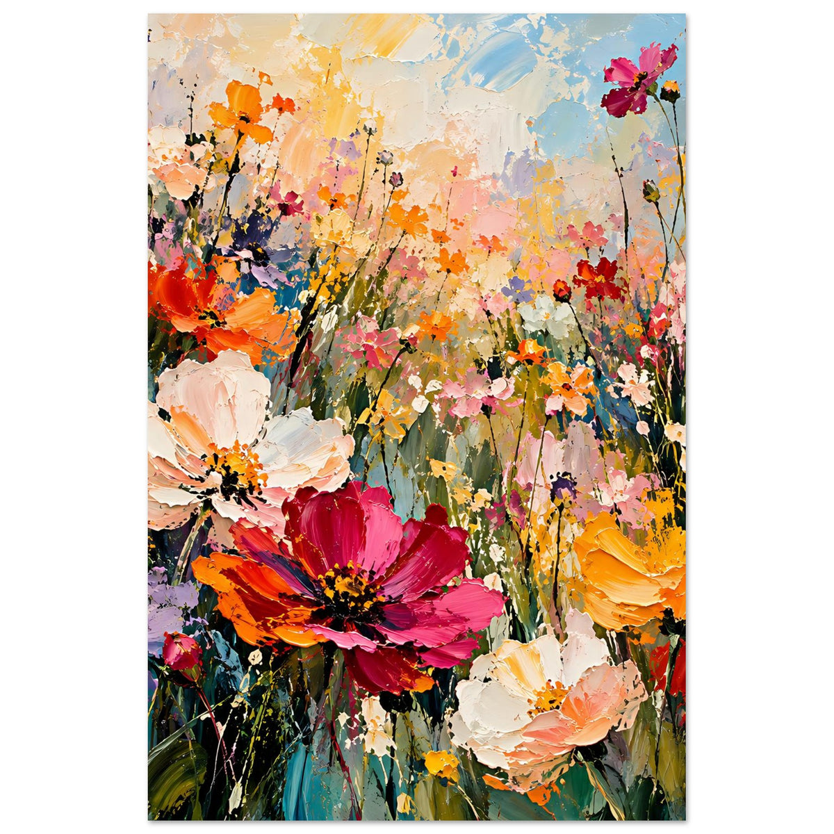 Blumenposter mit bunten Gemälde-Blüten in Rot, Pink, Orange und zarten Pastelltönen
