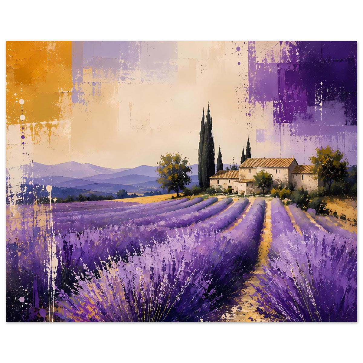 Lavendel-Landschaftsposter, quer: violette Felder, Zypressen, Haus im Hintergrund