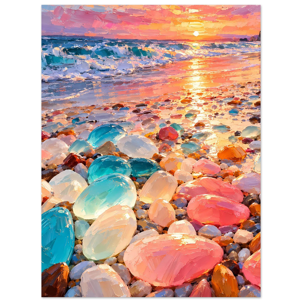 Wandposter mit Strandgemälde: Sonnenuntergang am Meer mit funkelnden Kieselsteinen