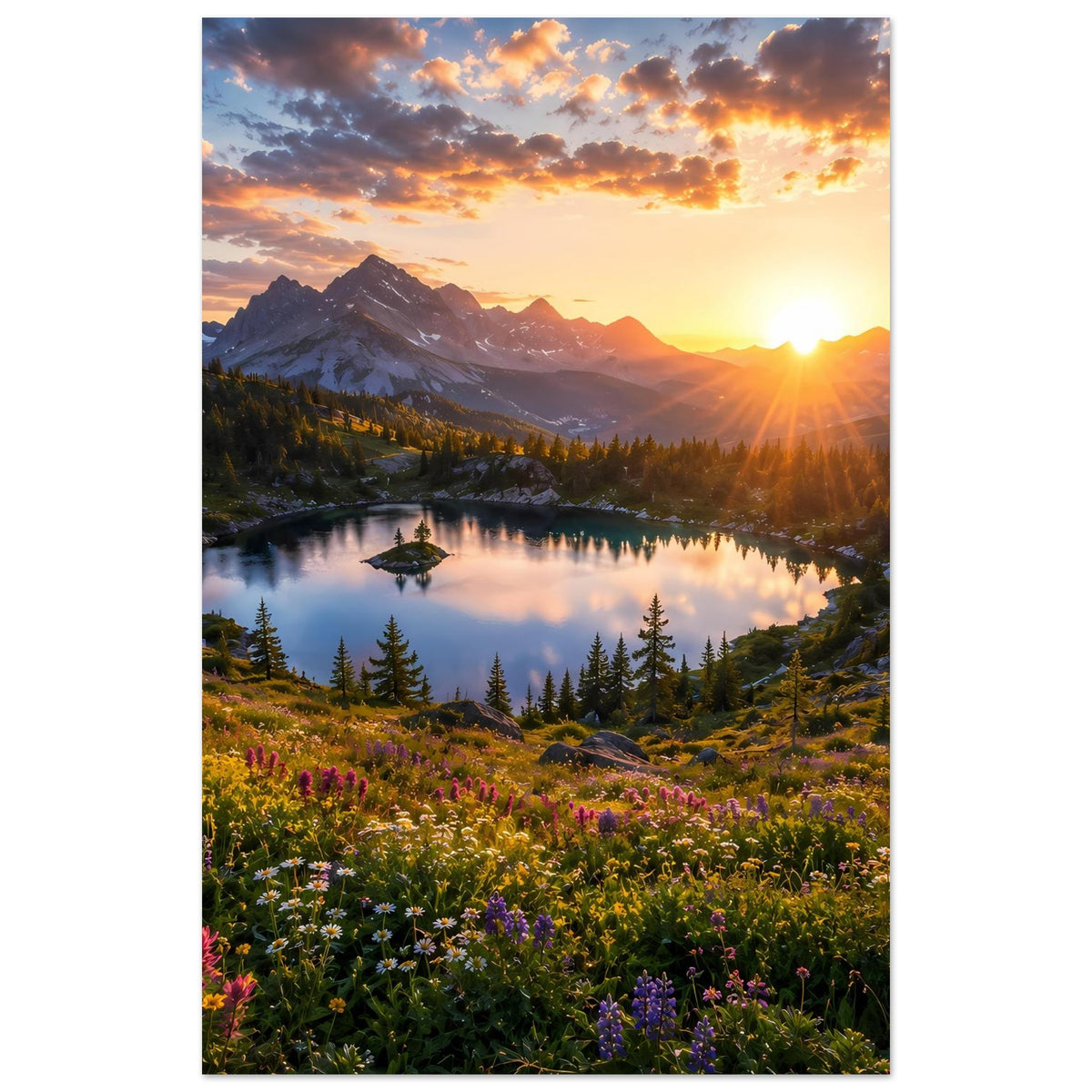 Vertikales Poster: Bergsee bei Sonnenaufgang, Berge, Nadelbäume und Blumenwiese.