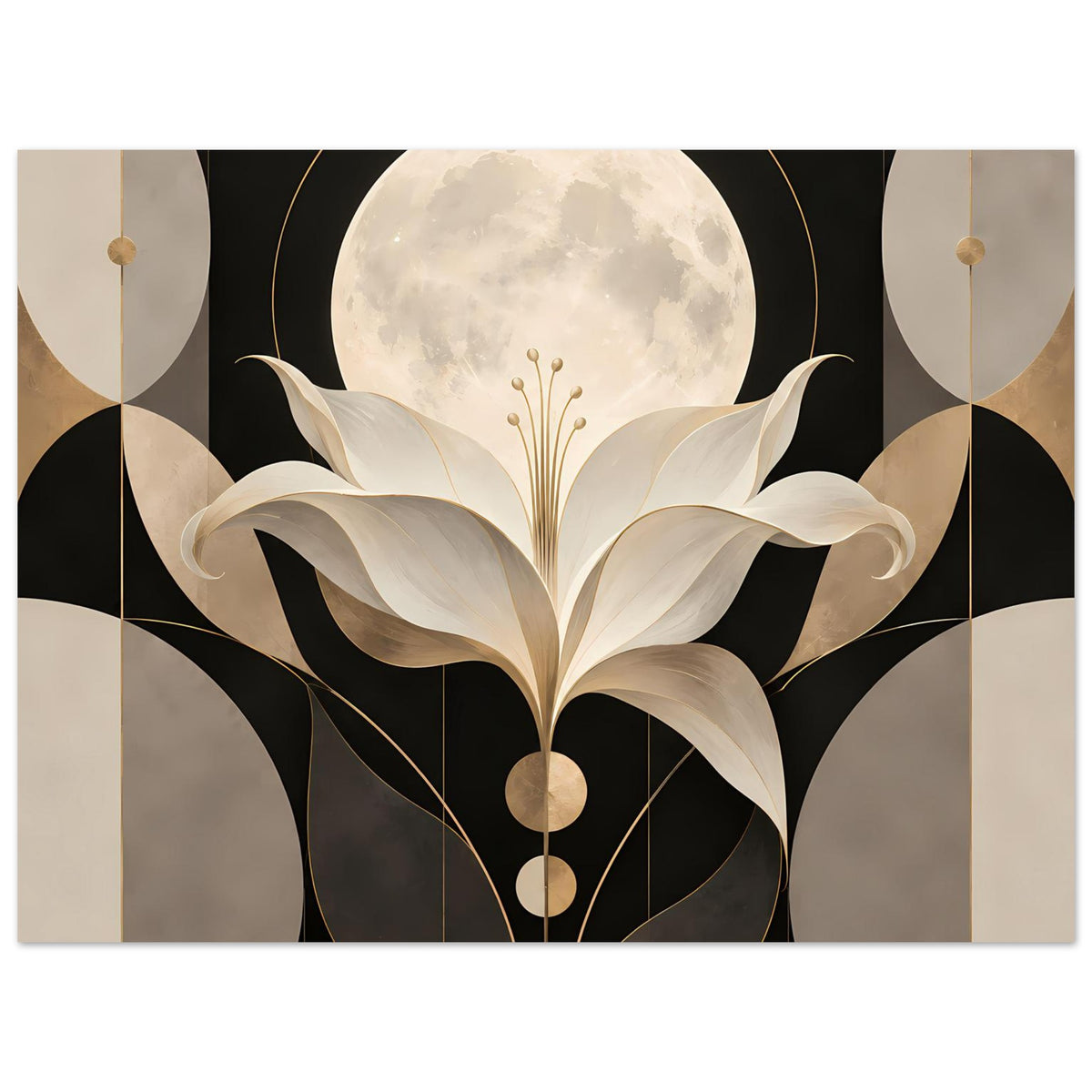 Art-déco-Poster mit Mondschein-Lilie in Gold und Creme, horizontal