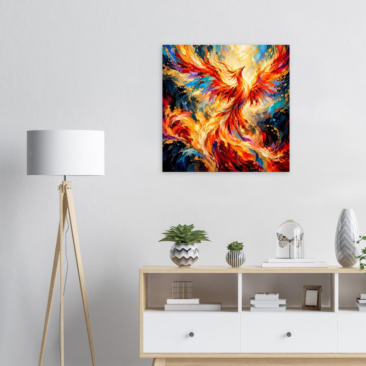 Premium-Poster mit leuchtendem Phönix-Motiv in kräftigen Farben