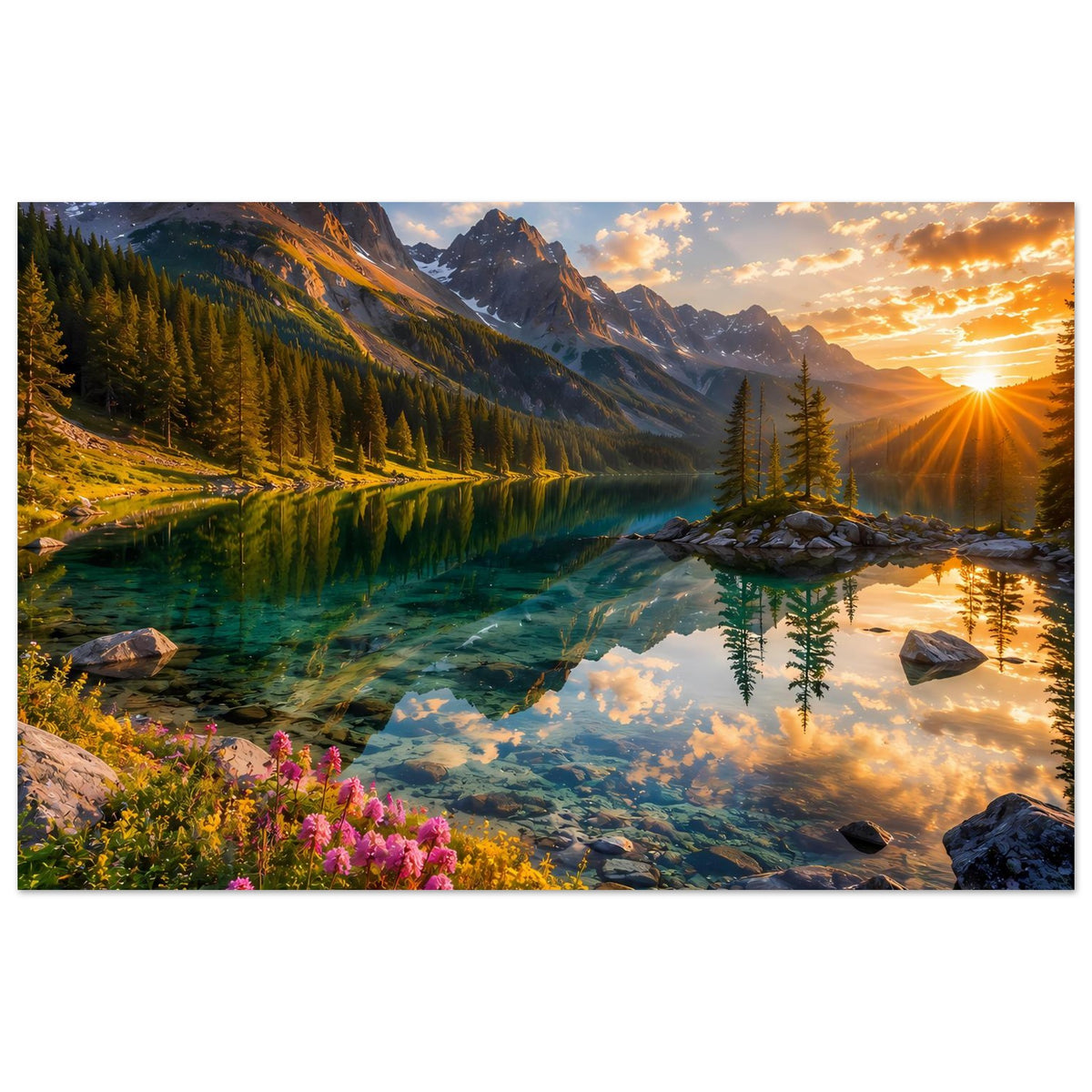 Landschaftsposter (quer) mit Bergsee bei Sonnenuntergang, Tanne, Felsen und lila Blüten