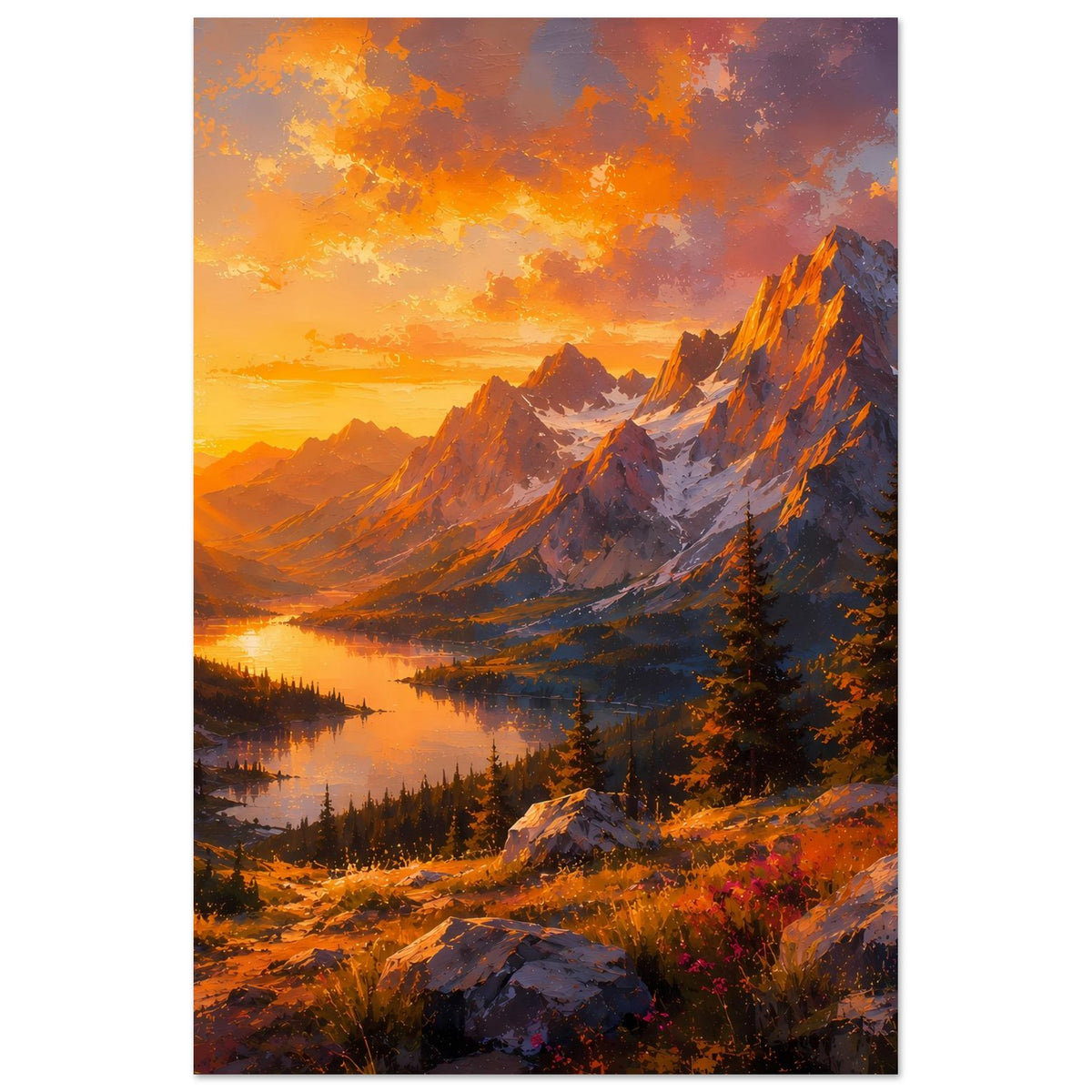 Landschaftsposter Sonnenuntergang über Alpenlandschaft mit See und Felsgipfeln