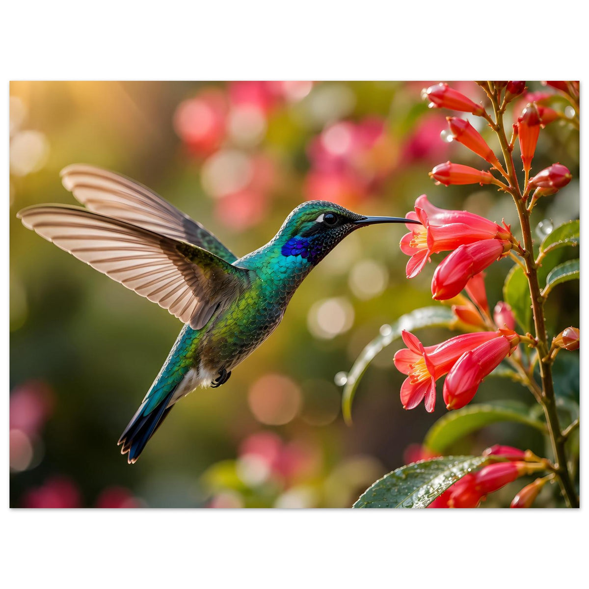 Poster mit blaugrünem Kolibri im Flug vor roten Blüten