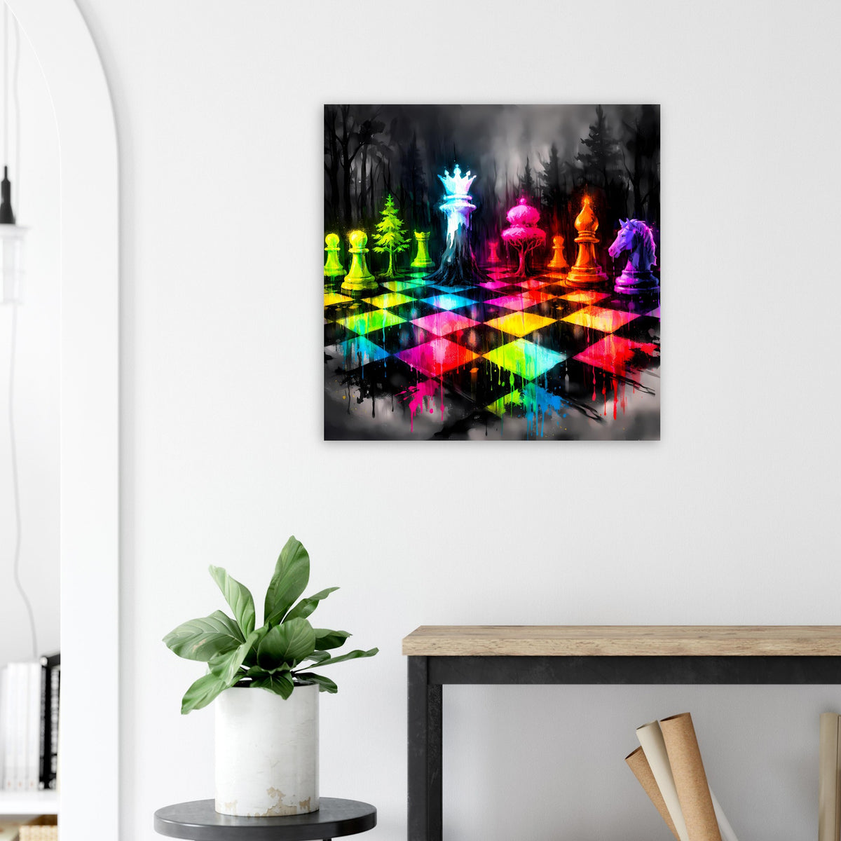Quadratisches Schachspiel-Poster mit Neon-Schachfiguren und bunten Feldern auf dunklem Grund
