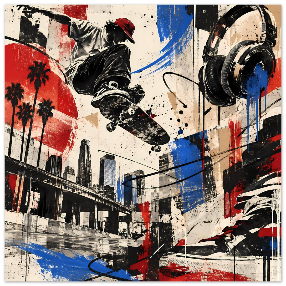Poster mit Skateboarder, Graffiti-Malerei und Spritzern in Rot, Blau und Schwarz (breit)