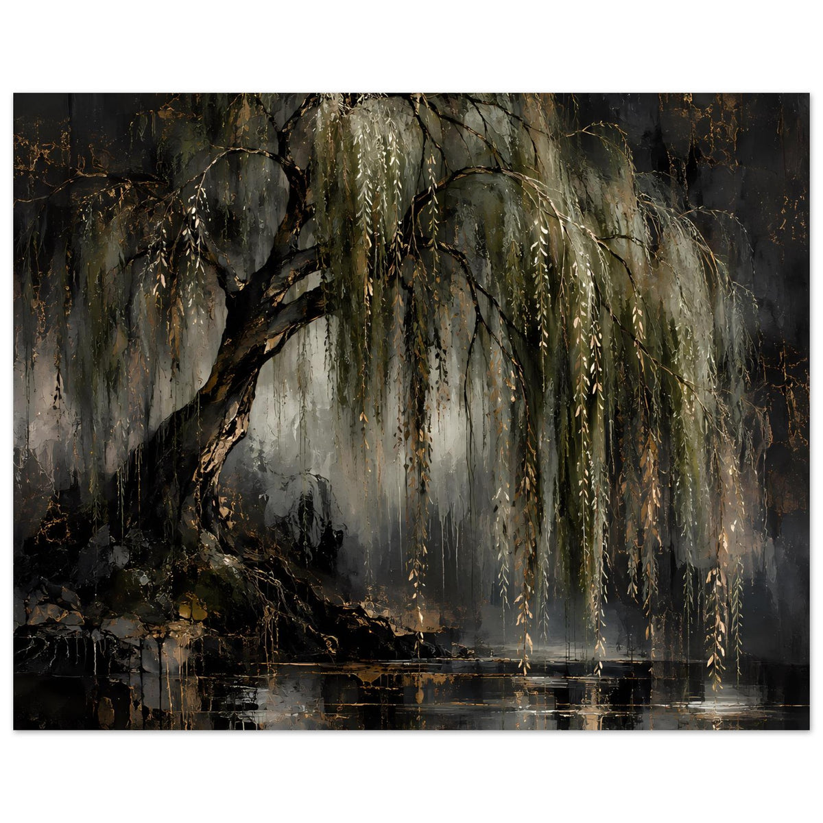 Naturposter im Querformat: Weidenäste mit goldenem Glanz über spiegelndem Wasser