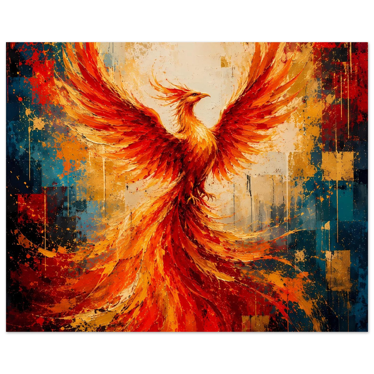 Wandposter mit Phönix, ausgebreiteten Flügeln in Orange- und Rottönen, leuchtende Mitte