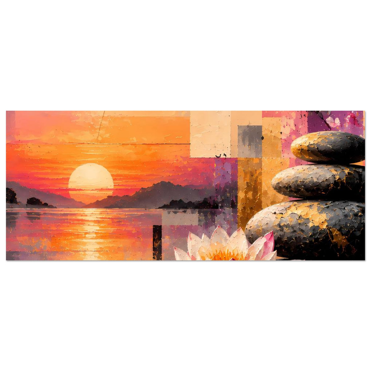 Breites Poster mit Sonnenuntergangsfarben, Lotusblütenansatz unten und Steinsäule rechts