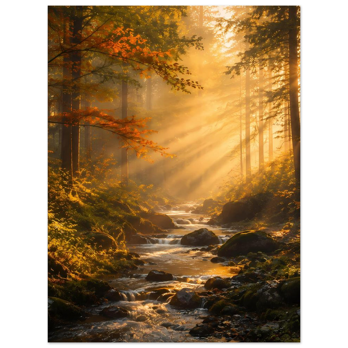 Poster: Sonnenaufgang im herbstlichen Wald mit Bach und Felsen