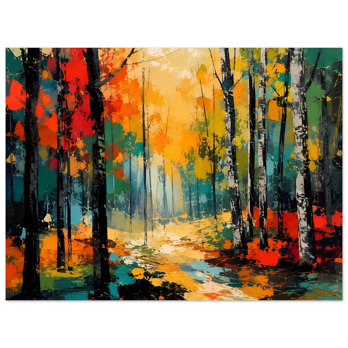 Herbstwald-Poster mit leuchtenden Farben, dunklen Baumstämmen und gemaltem Waldpfad