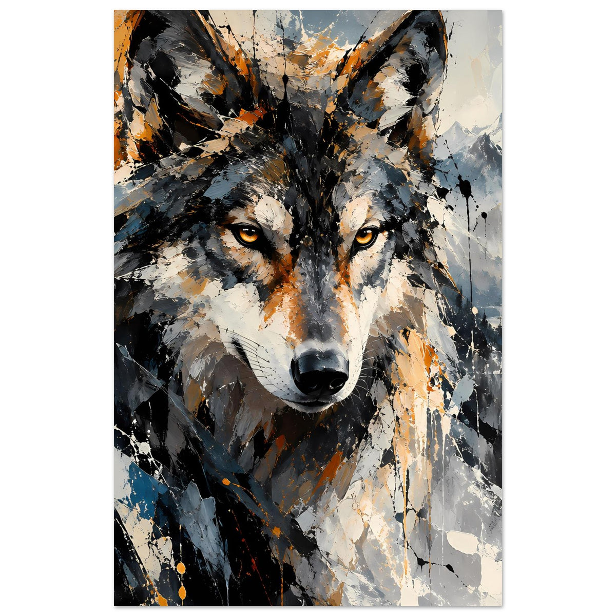 Abstraktes Wolf-Kunstposter, Fokus auf das Wolfsge­sicht in Orange und Grau