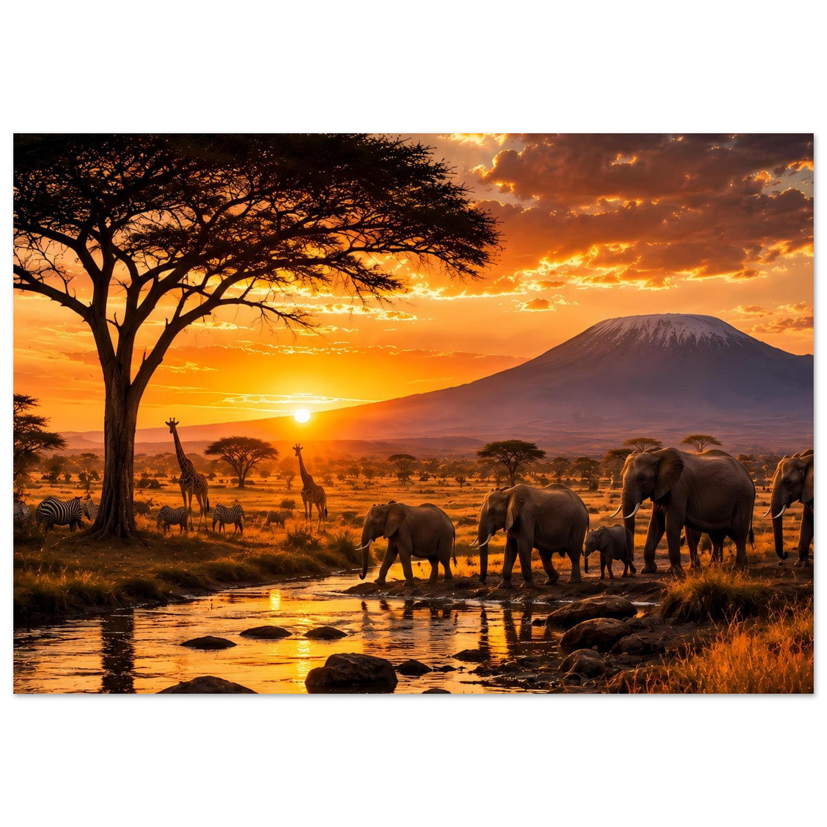 Poster: Elefanten und afrikanische Steppe mit Berg im orangefarbenen Sonnenuntergang
