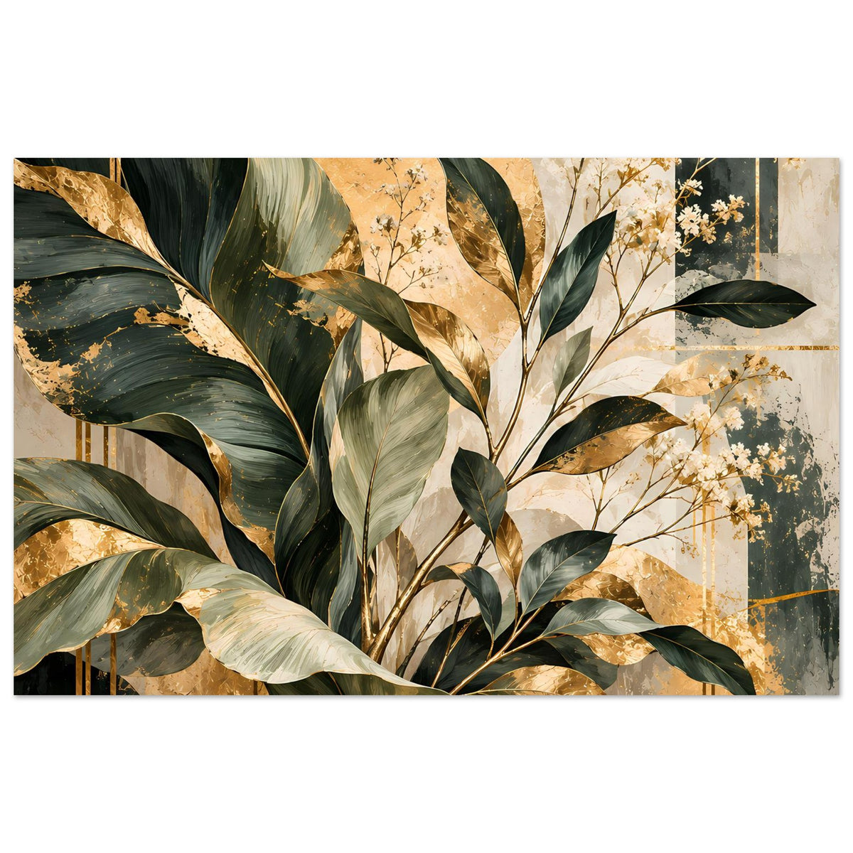 Poster mit großem Blatt- und Zweigmotiv in Grün, Gold und beigem Vintage-Stil, querformatig