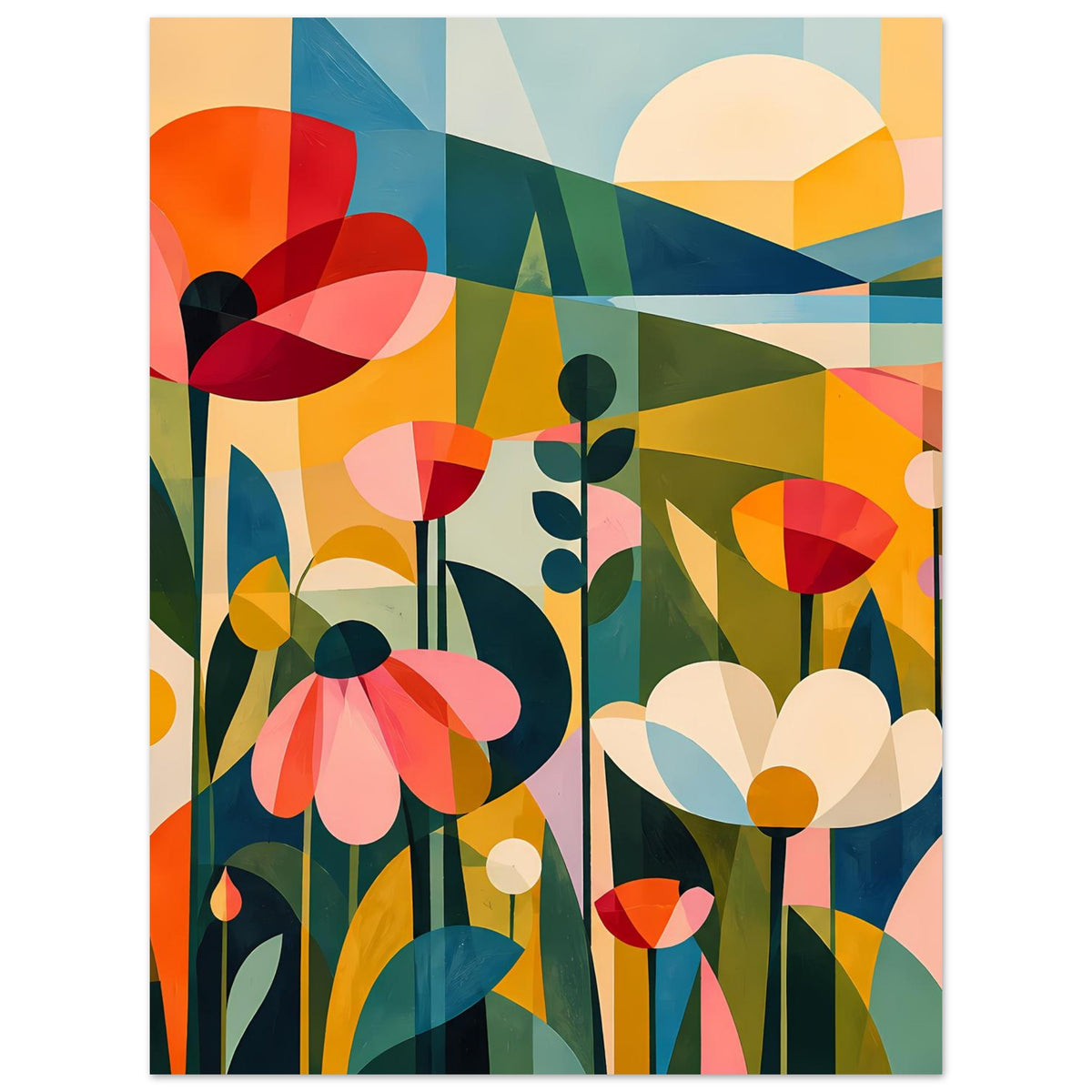Abstraktes Blumenposter im Hochformat mit bunten stilisierten Blüten und gelber Sonne