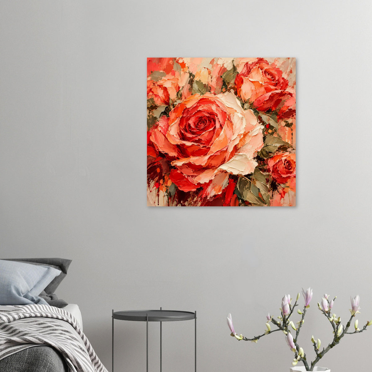 Kleines gerahmtes Poster mit Rosenmotiv in Rot, Creme und Orange, abstrakt gemalt