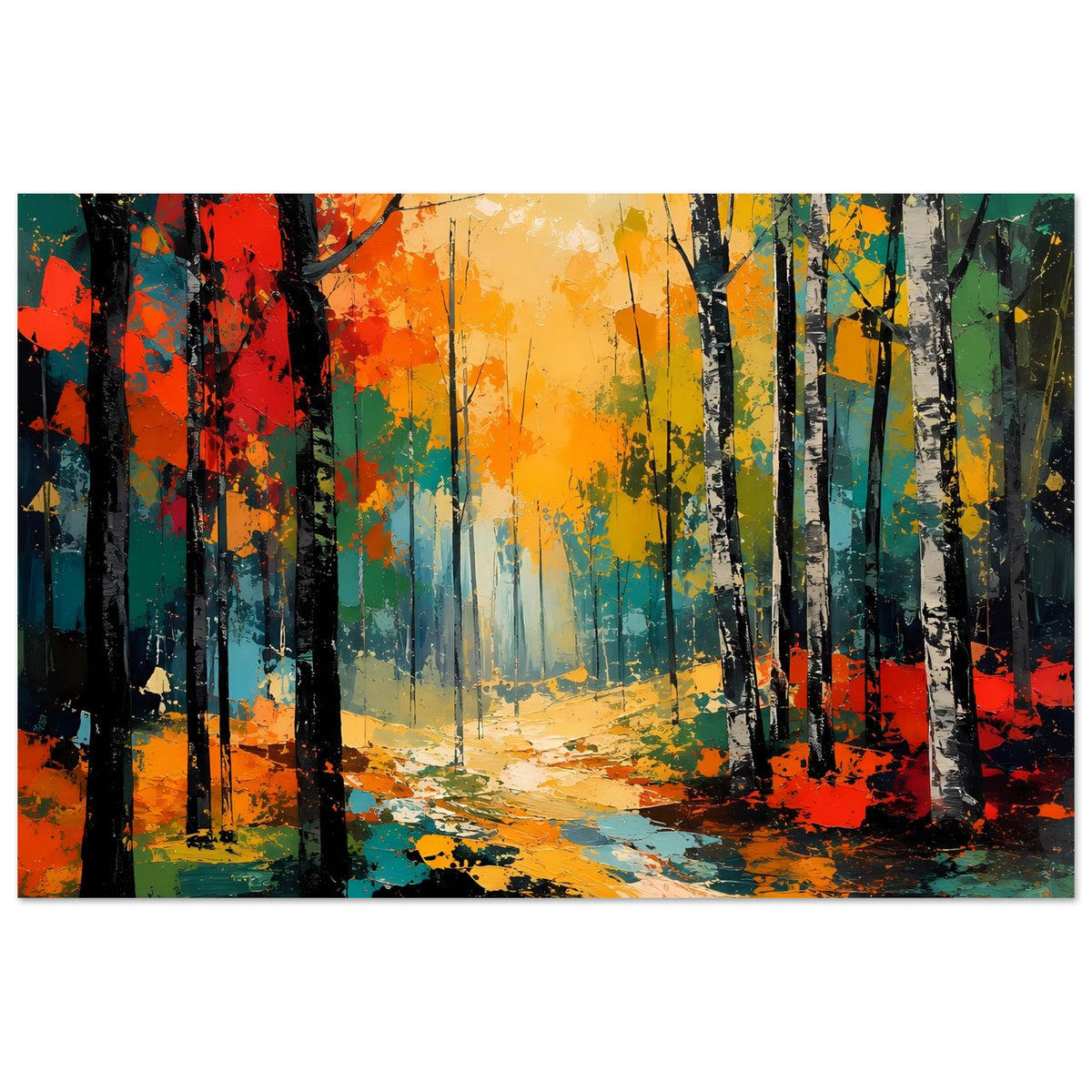 Herbstwald-Poster im Querformat: schwarze Stämme, bunte Blätter und leuchtender Waldweg