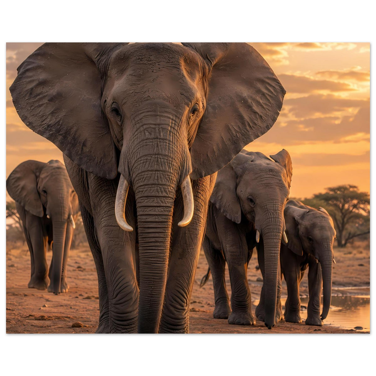 Poster im Hochformat: Elefantenherde, großer Elefant vorn, mehrere Tiere folgen im Warmlicht